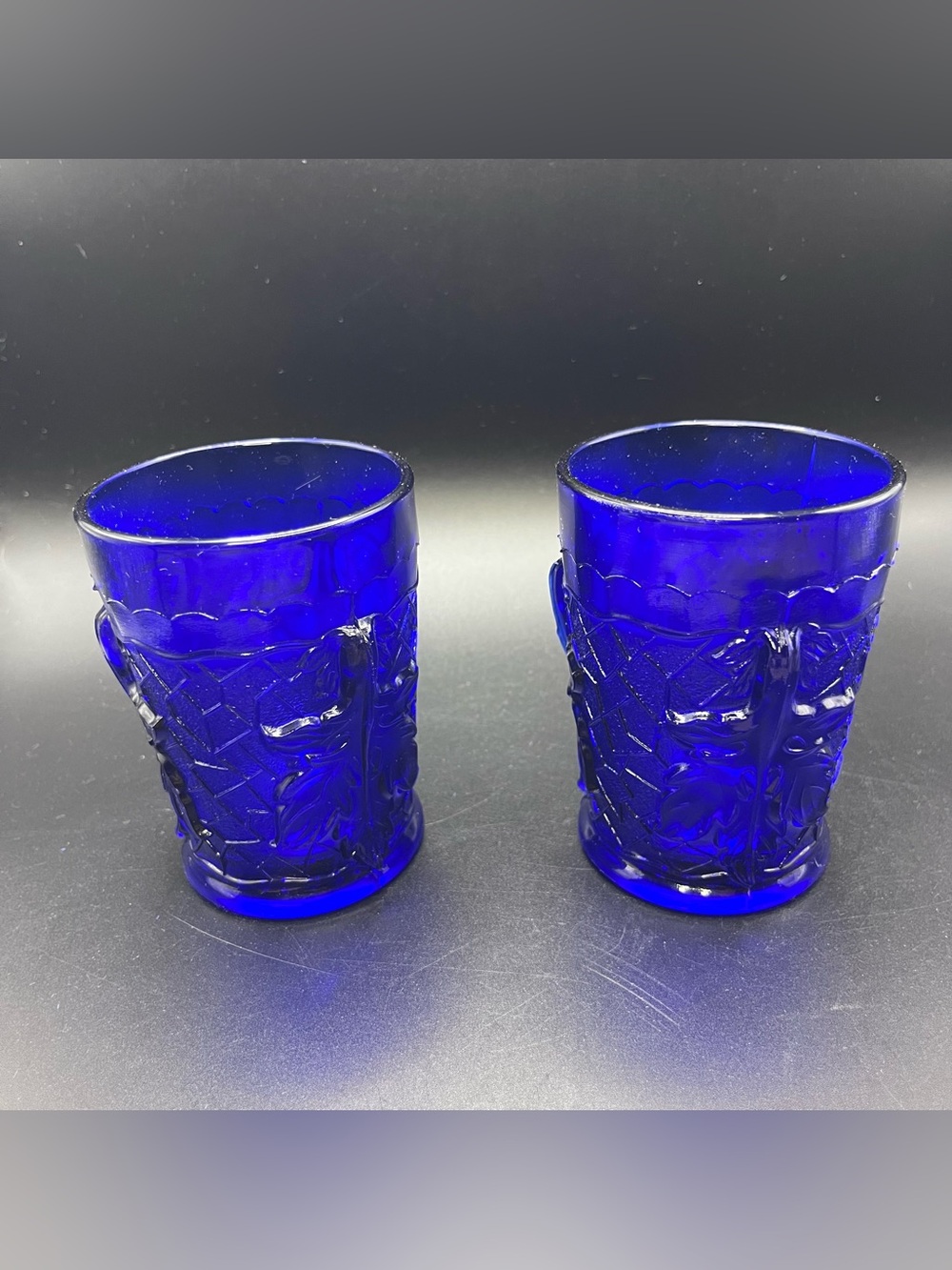 Vintage Mosser Glass Maple Leaf Cobalt Blue Juice Tumblers Glasses Set of 2